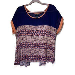 Rue + Woman’s 1X Navy Blue Orange Elephants Short-Sleeve Open Back Blouse